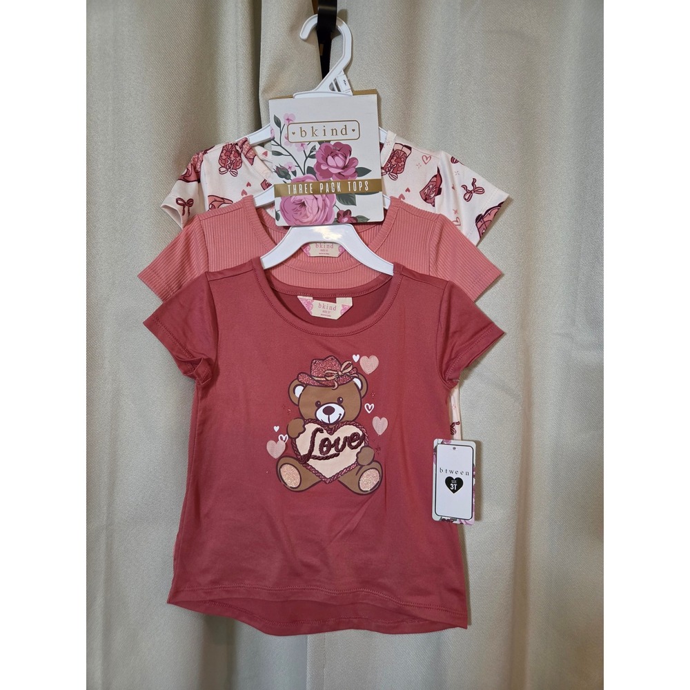 Bkind Toddler Girls 3 Pack Tops Size 3T Pink Bear Cowboy Boots Ribbed Shirts NWT